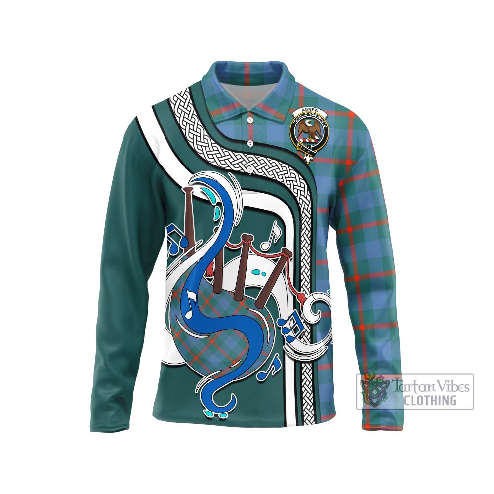 Tartan Vibes Clothing Agnew Ancient Tartan Long Sleeve Polo Shirt with Epic Bagpipe Style