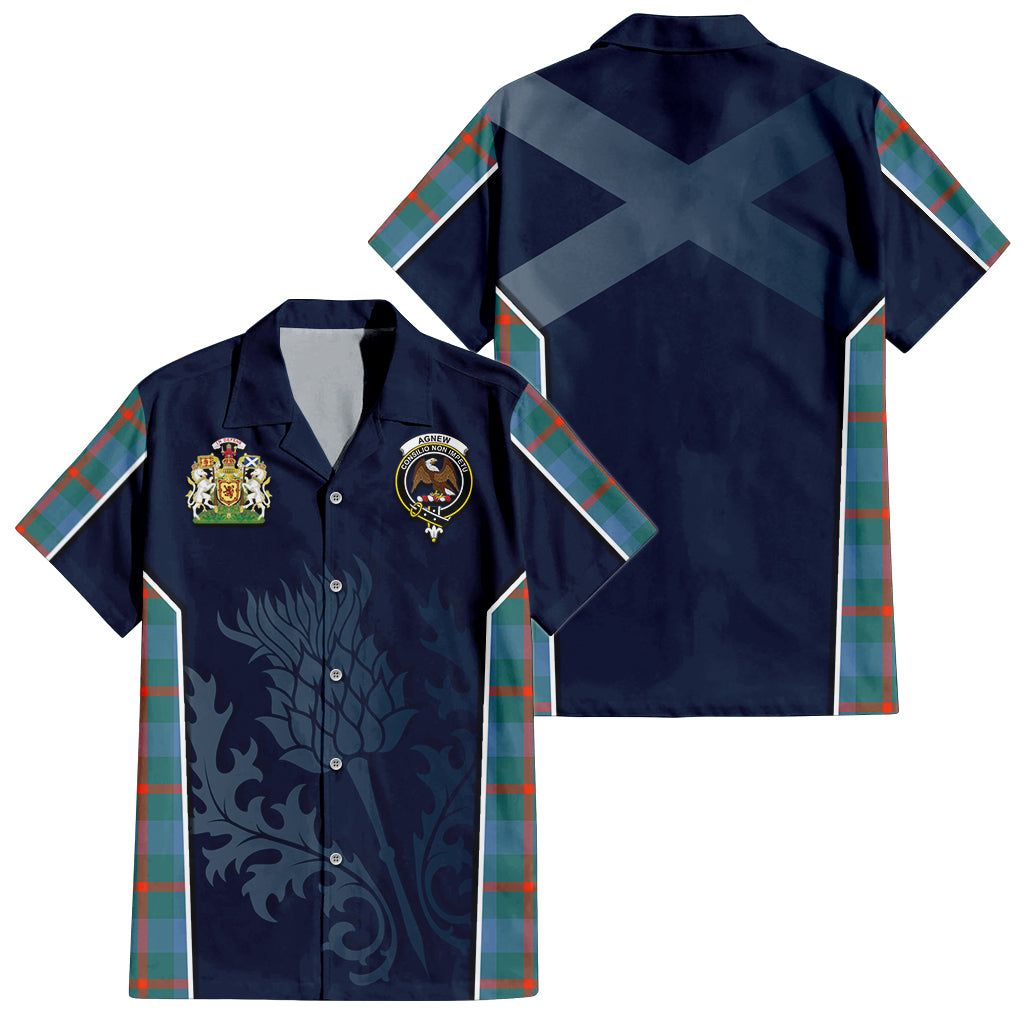 Tartan Vibes Clothing Agnew Ancient Tartan Short Sleeve Button Up Shirt with Family Crest and Scottish Thistle Vibes Sport Style