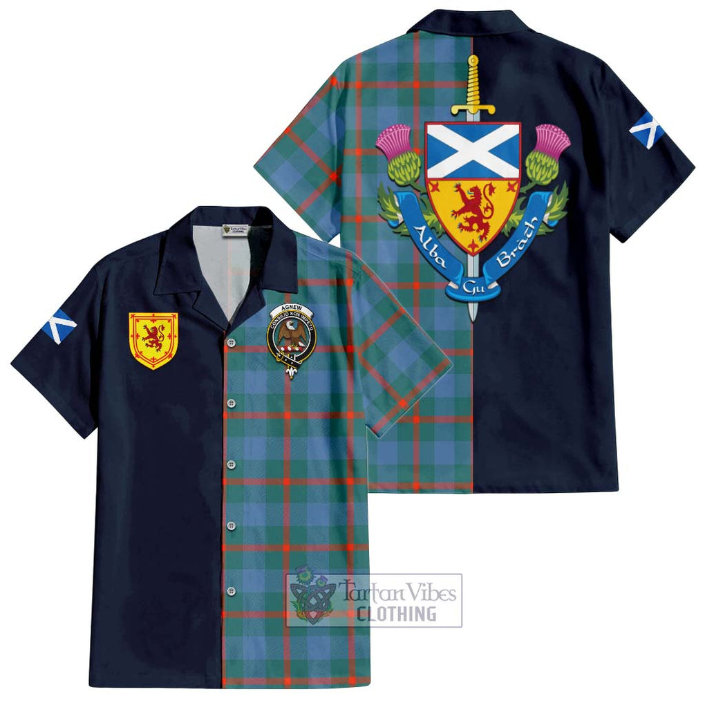 Tartan Vibes Clothing Agnew Ancient Tartan Short Sleeve Button Shirt with Scottish Lion Royal Arm Half Style