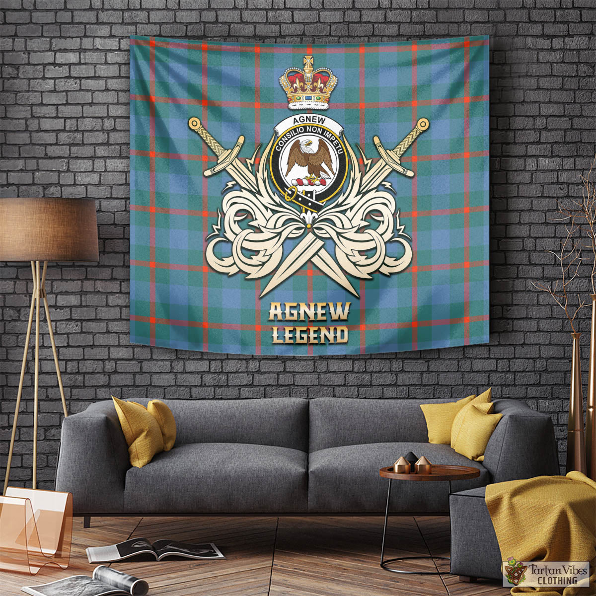 Tartan Vibes Clothing Agnew Ancient Tartan Tapestry with Clan Crest and the Golden Sword of Courageous Legacy