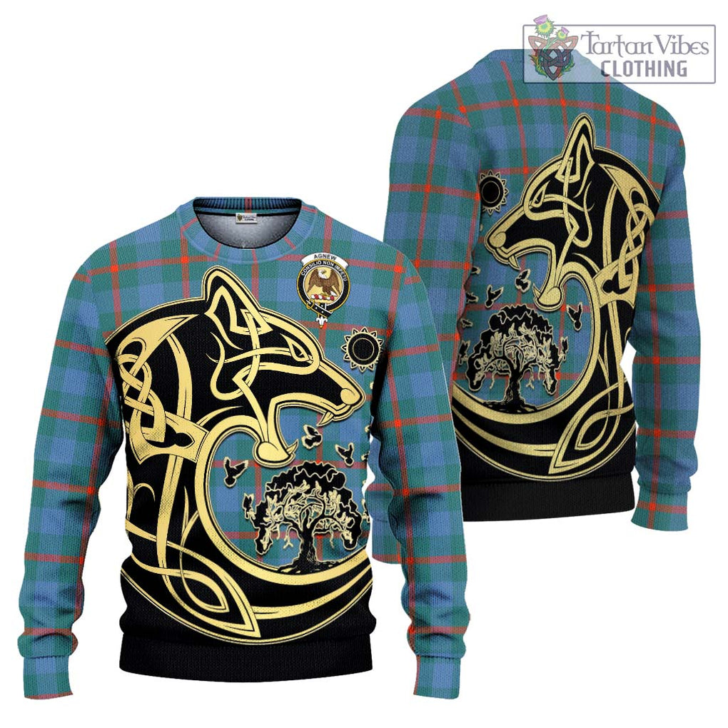 Agnew Ancient Tartan Knitted Sweater with Family Crest Celtic Wolf Style Unisex - Tartan Vibes Clothing