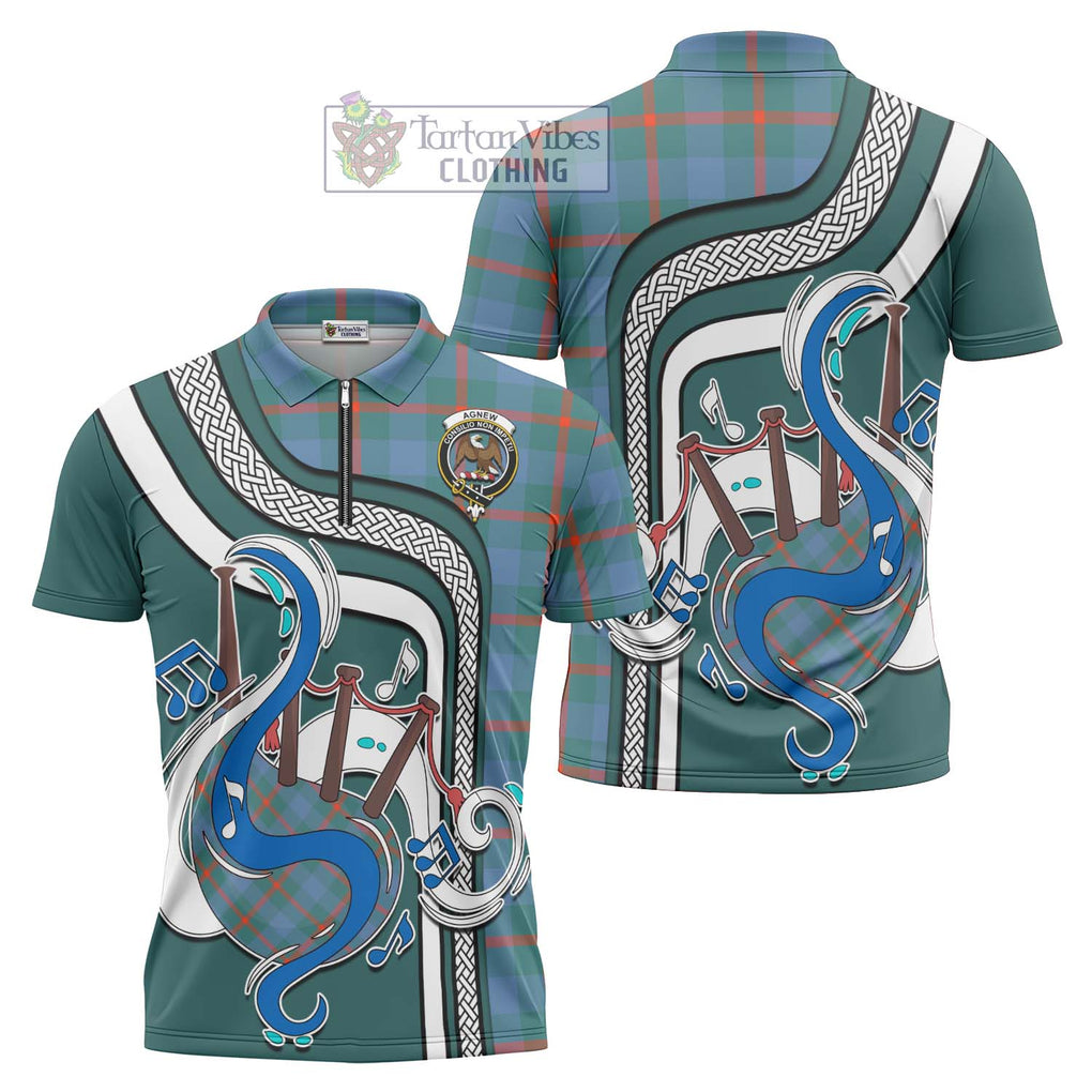 Agnew Ancient Tartan Zipper Polo Shirt with Epic Bagpipe Style Unisex - Tartanvibesclothing Shop