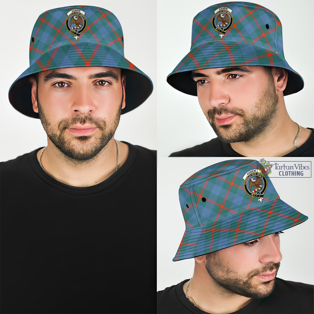 Tartan Vibes Clothing Agnew Ancient Tartan Bucket Hat with Family Crest