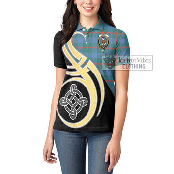 Agnew Ancient Tartan Women's Polo Shirt with Family Crest and Celtic Symbol Style