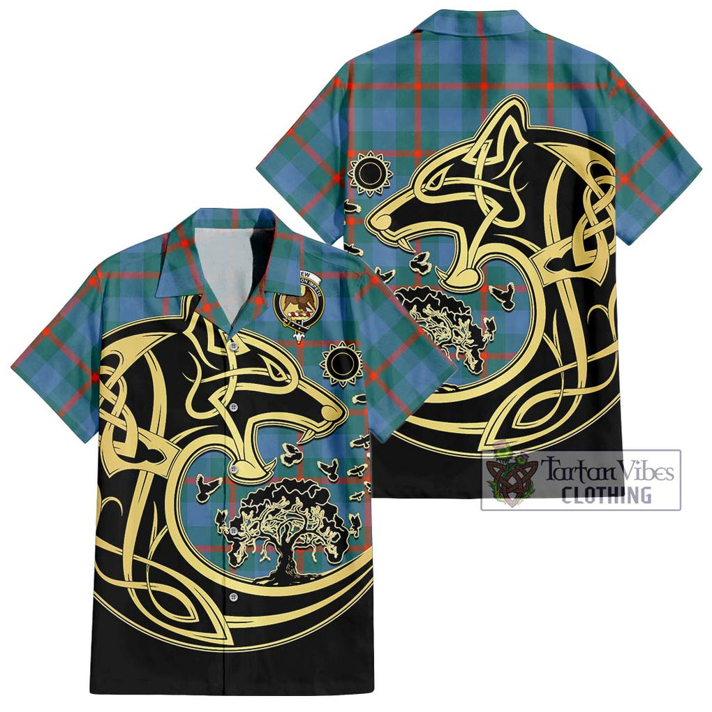 Agnew Ancient Tartan Short Sleeve Button Shirt with Family Crest Celtic Wolf Style Kid - Tartan Vibes Clothing