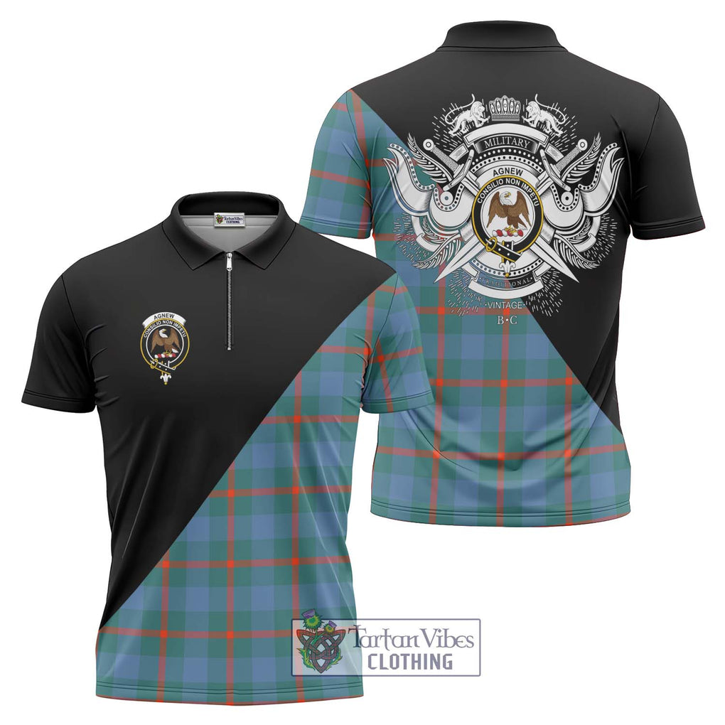 Agnew Ancient Tartan Zipper Polo Shirt with Family Crest and Military Logo Style Unisex - Tartanvibesclothing Shop