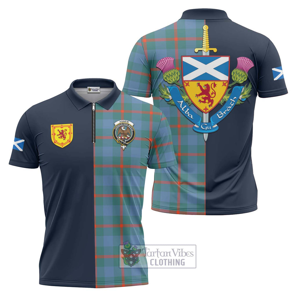 Tartan Vibes Clothing Agnew Ancient Tartan Zipper Polo Shirt with Scottish Lion Royal Arm Half Style