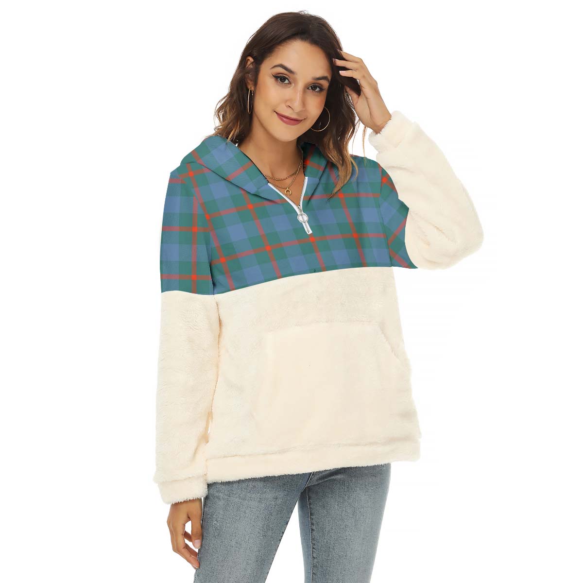 Agnew Ancient Tartan Women's Borg Fleece Hoodie With Half Zip Female - Tartan Vibes Clothing