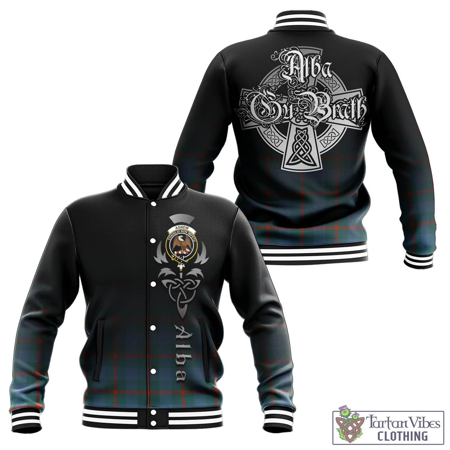 Tartan Vibes Clothing Agnew Ancient Tartan Baseball Jacket Featuring Alba Gu Brath Family Crest Celtic Inspired