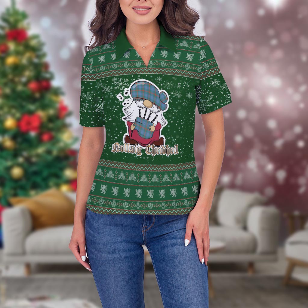 Agnew Ancient Clan Christmas Family Polo Shirt with Funny Gnome Playing Bagpipes Women's Polo Shirt Green - Tartanvibesclothing