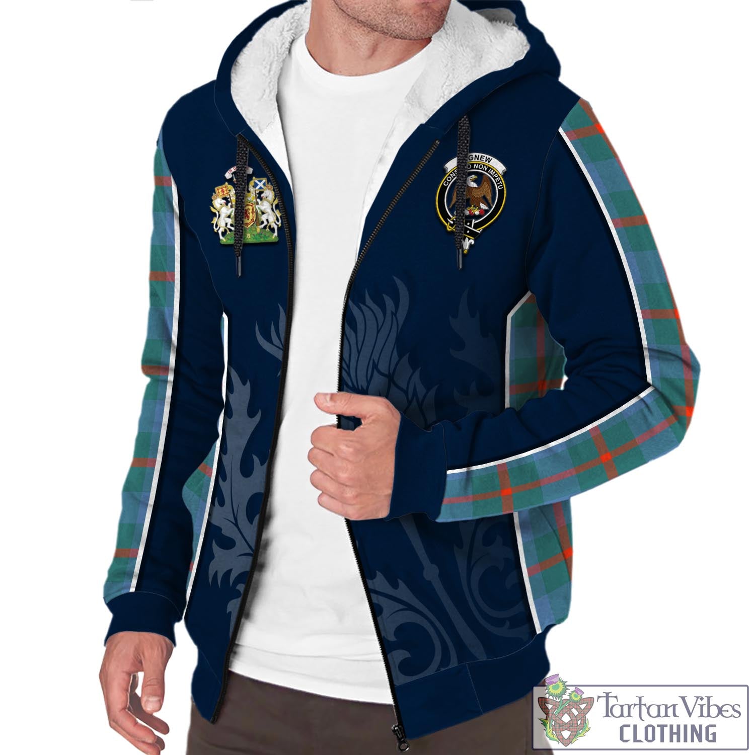 Tartan Vibes Clothing Agnew Ancient Tartan Sherpa Hoodie with Family Crest and Scottish Thistle Vibes Sport Style