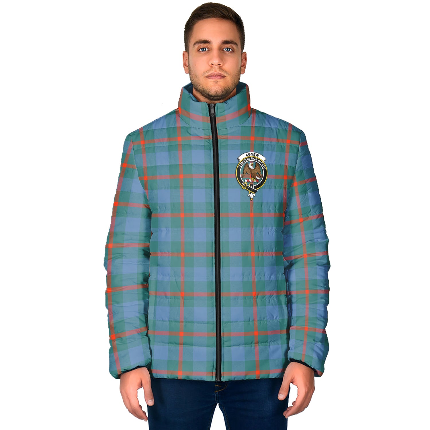 Agnew Ancient Tartan Padded Jacket with Family Crest - Tartan Vibes Clothing