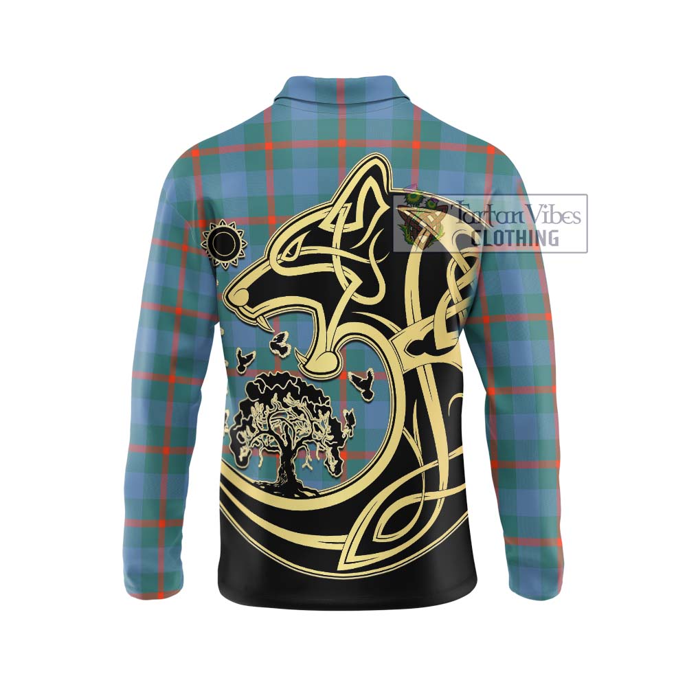 Agnew Ancient Tartan Long Sleeve Polo Shirt with Family Crest Celtic Wolf Style - Tartanvibesclothing Shop