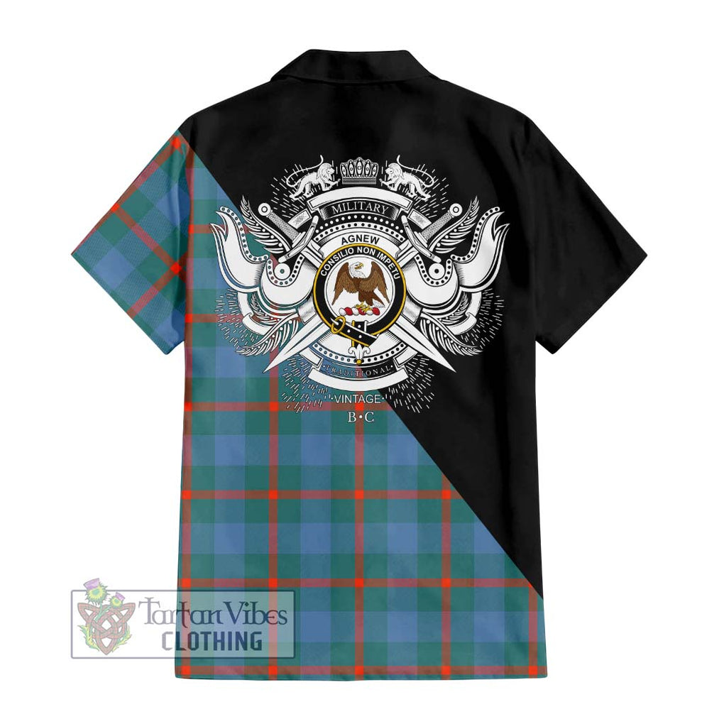 Agnew Ancient Tartan Short Sleeve Button Shirt with Family Crest and Military Logo Style - Tartanvibesclothing Shop