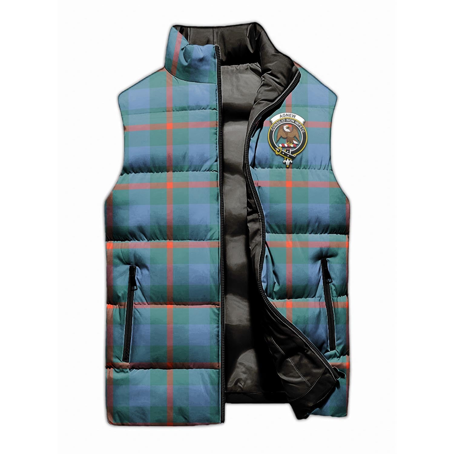 Agnew Ancient Tartan Sleeveless Puffer Jacket with Family Crest - Tartanvibesclothing