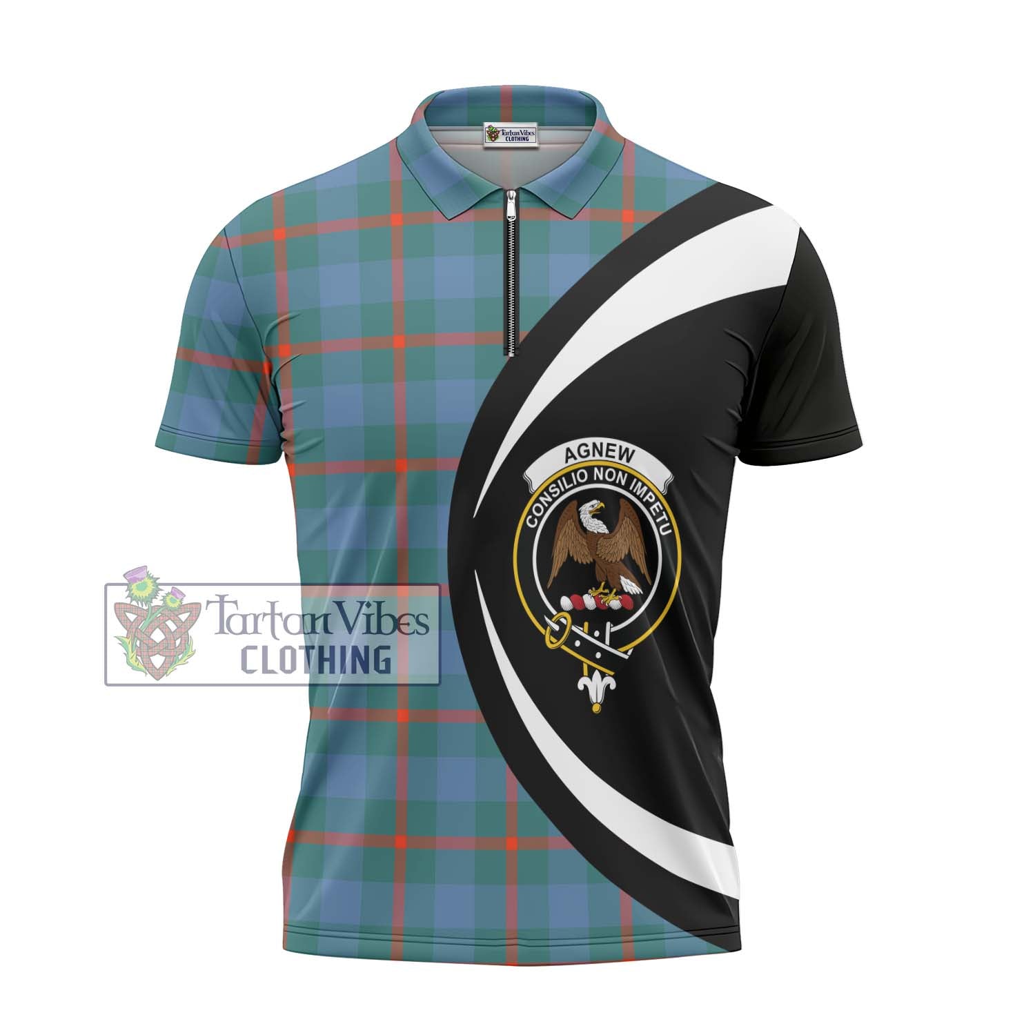 Tartan Vibes Clothing Agnew Ancient Tartan Zipper Polo Shirt with Family Crest Circle Style