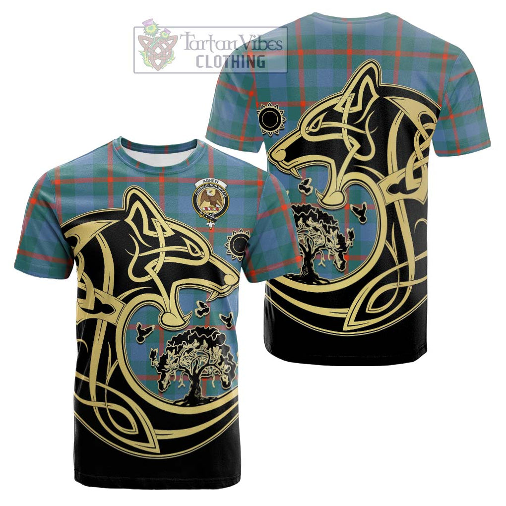 Tartan Vibes Clothing Agnew Ancient Tartan Cotton T-shirt with Family Crest Celtic Wolf Style