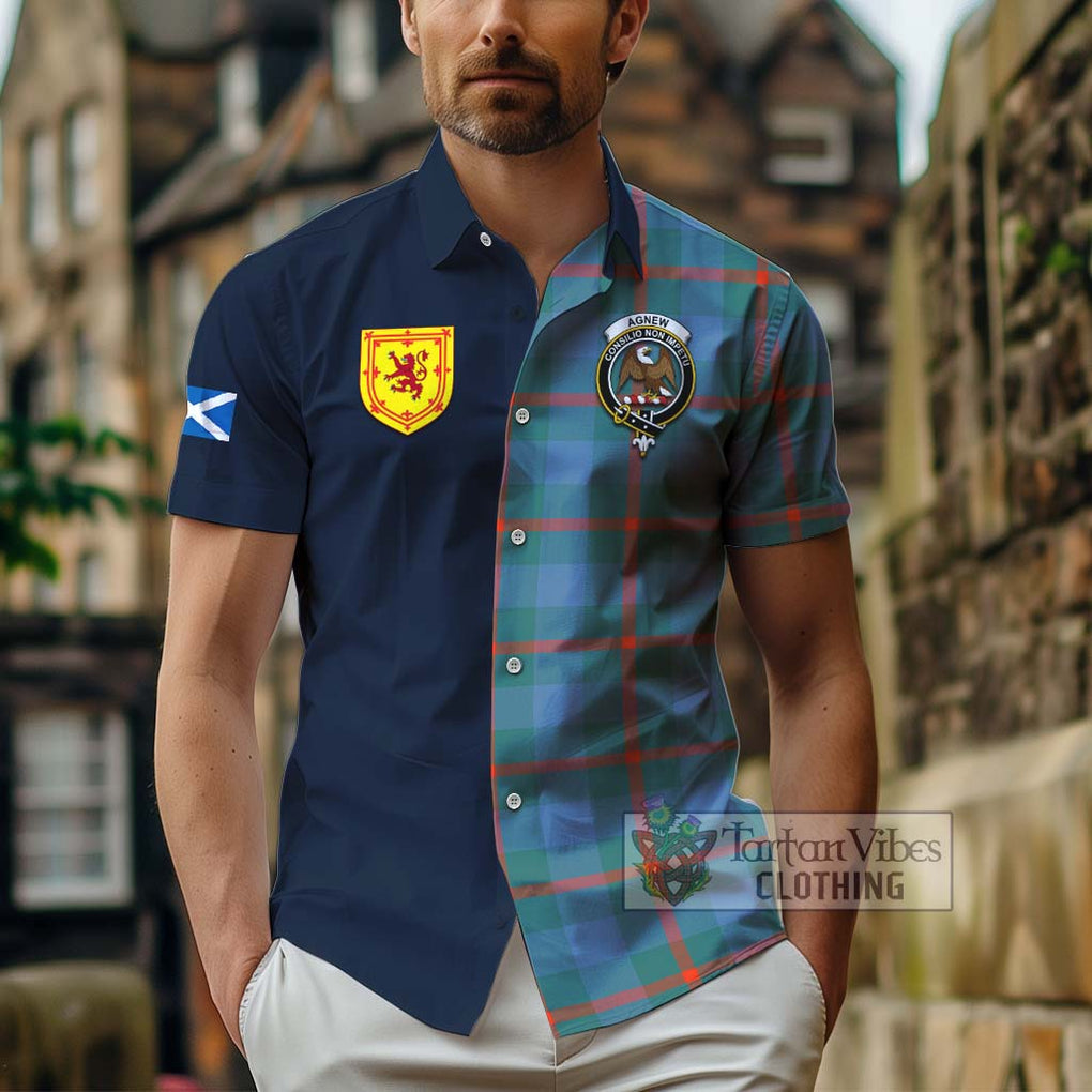 Tartan Vibes Clothing Agnew Ancient Tartan Short Sleeve Button Shirt with Scottish Lion Royal Arm Half Style