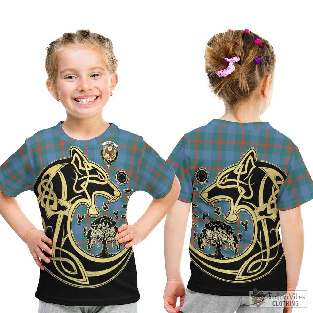 Agnew Ancient Tartan Kid T-Shirt with Family Crest Celtic Wolf Style - Tartan Vibes Clothing