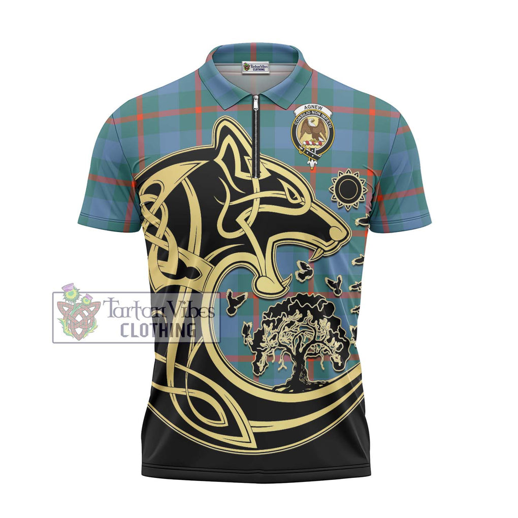 Agnew Ancient Tartan Zipper Polo Shirt with Family Crest Celtic Wolf Style - Tartanvibesclothing Shop