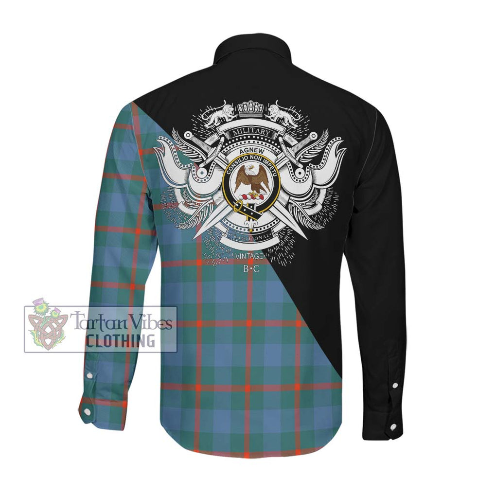 Agnew Ancient Tartan Long Sleeve Button Shirt with Family Crest and Military Logo Style Men's Shirt - Tartanvibesclothing Shop