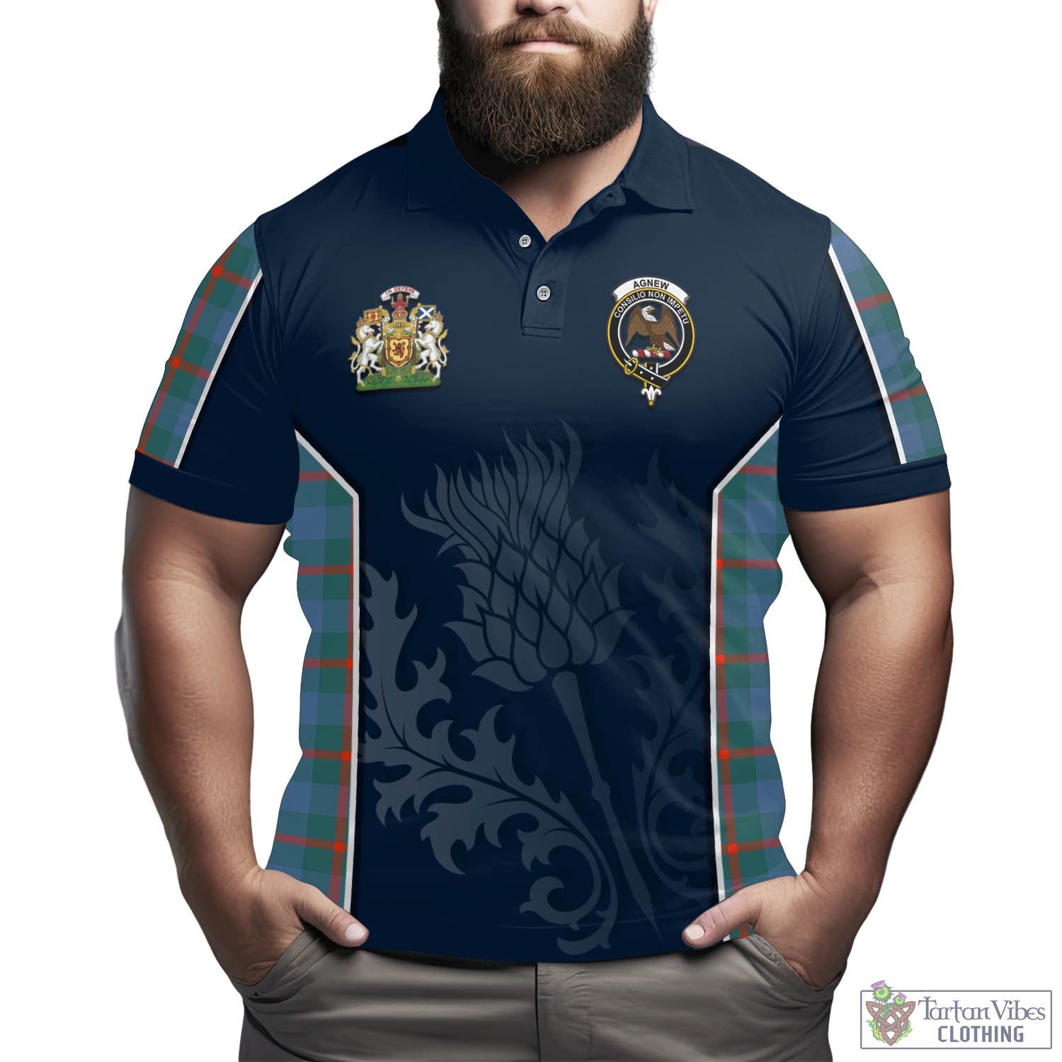 Tartan Vibes Clothing Agnew Ancient Tartan Men's Polo Shirt with Family Crest and Scottish Thistle Vibes Sport Style