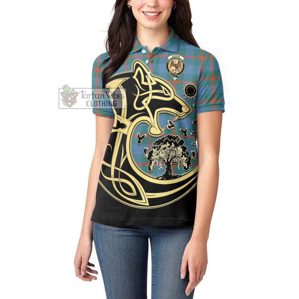 Agnew Ancient Tartan Women's Polo Shirt with Family Crest Celtic Wolf Style - Tartanvibesclothing Shop