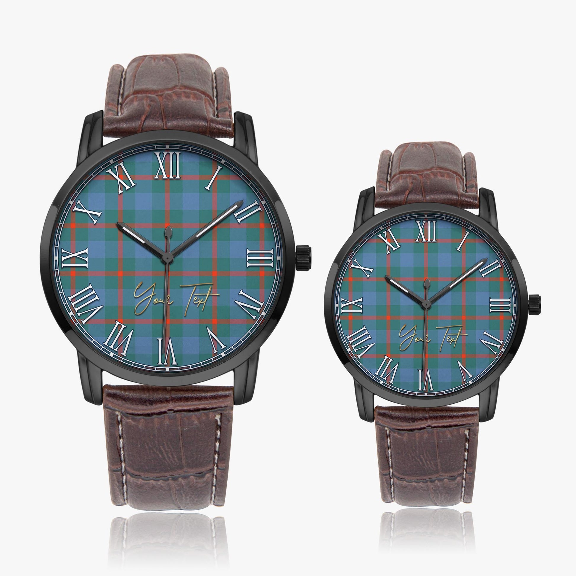 Agnew Ancient Tartan Personalized Your Text Leather Trap Quartz Watch Wide Type Black Case With Brown Leather Strap - Tartanvibesclothing