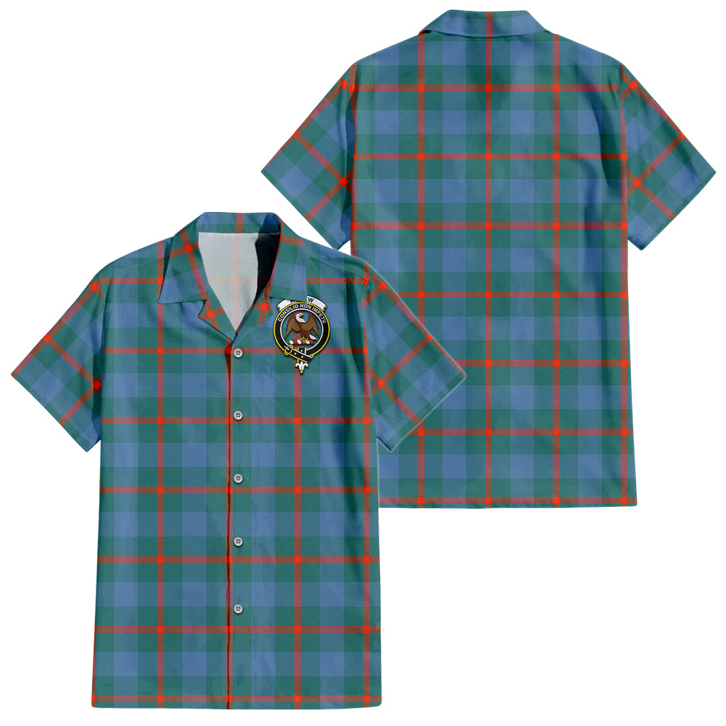 Agnew Ancient Tartan Short Sleeve Button Down Shirt with Family Crest - Tartanvibesclothing