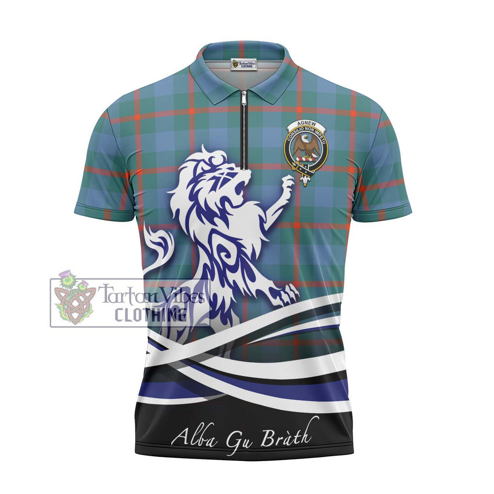 Agnew Ancient Tartan Zipper Polo Shirt with Alba Gu Brath Regal Lion Emblem - Tartanvibesclothing Shop