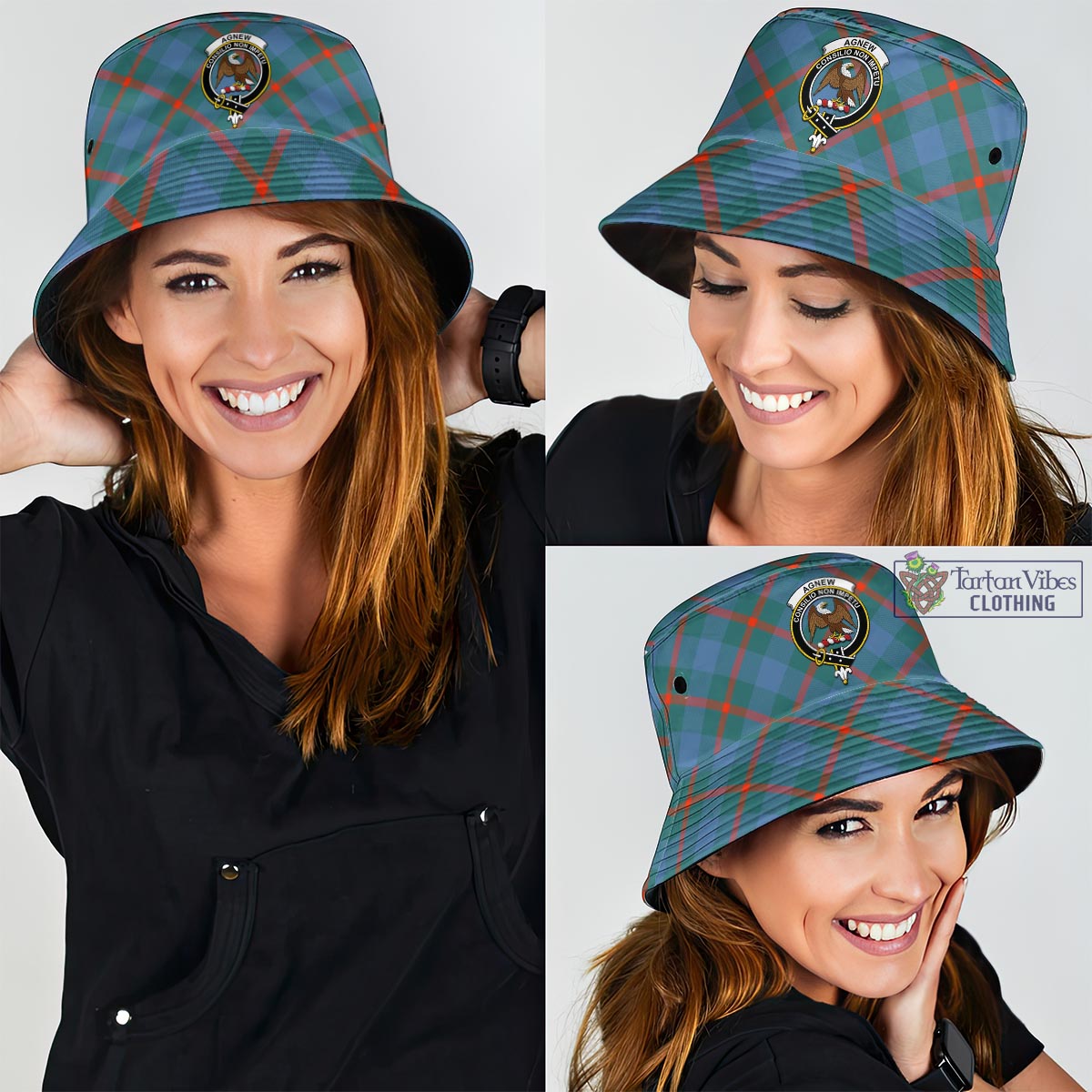 Tartan Vibes Clothing Agnew Ancient Tartan Bucket Hat with Family Crest