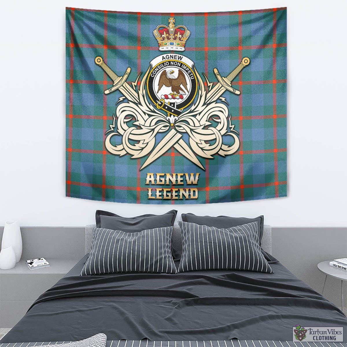 Tartan Vibes Clothing Agnew Ancient Tartan Tapestry with Clan Crest and the Golden Sword of Courageous Legacy