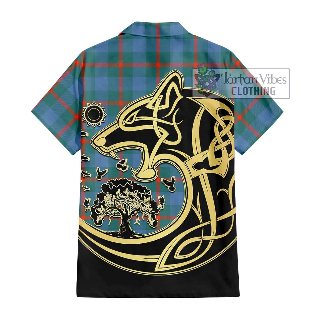 Agnew Ancient Tartan Short Sleeve Button Shirt with Family Crest Celtic Wolf Style - Tartan Vibes Clothing