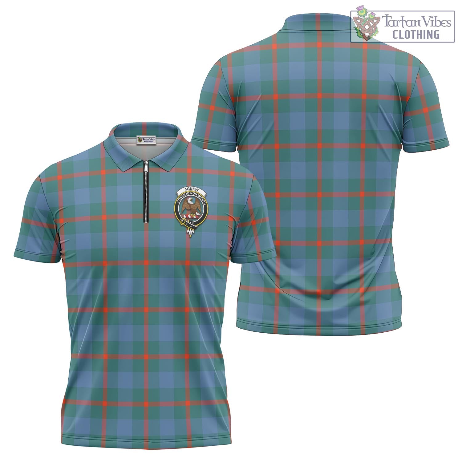 Tartan Vibes Clothing Agnew Ancient Tartan Zipper Polo Shirt with Family Crest