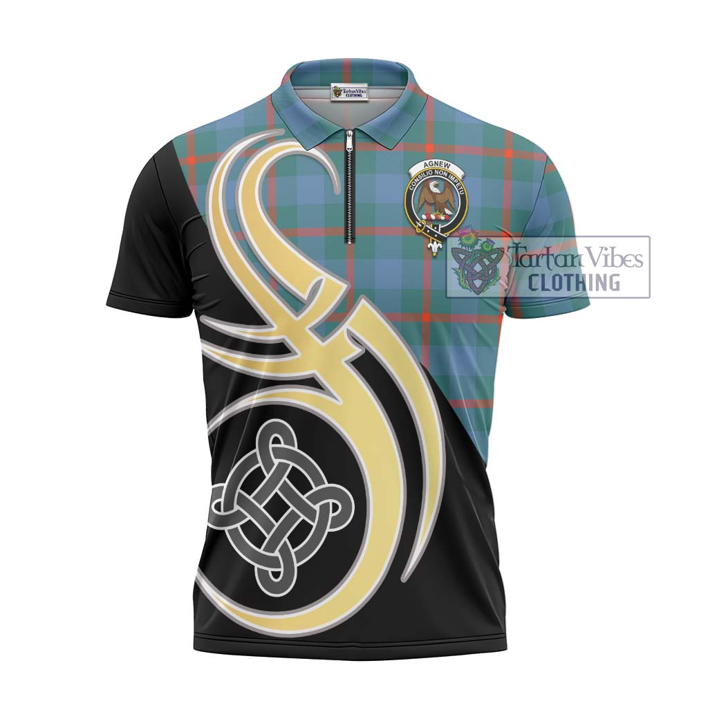 Tartan Vibes Clothing Agnew Ancient Tartan Zipper Polo Shirt with Family Crest and Celtic Symbol Style