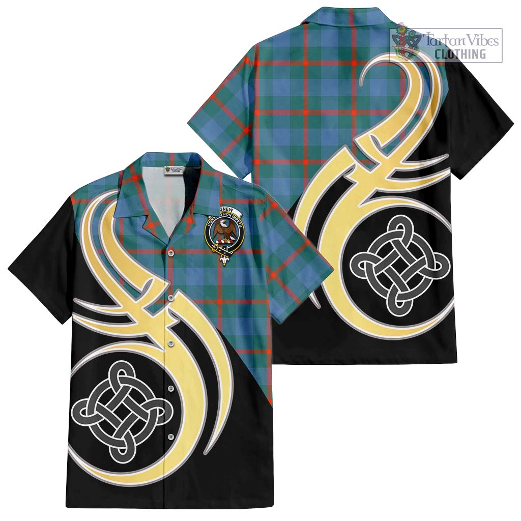 Agnew Ancient Tartan Short Sleeve Button Shirt with Family Crest and Celtic Symbol Style - Tartan Vibes Clothing