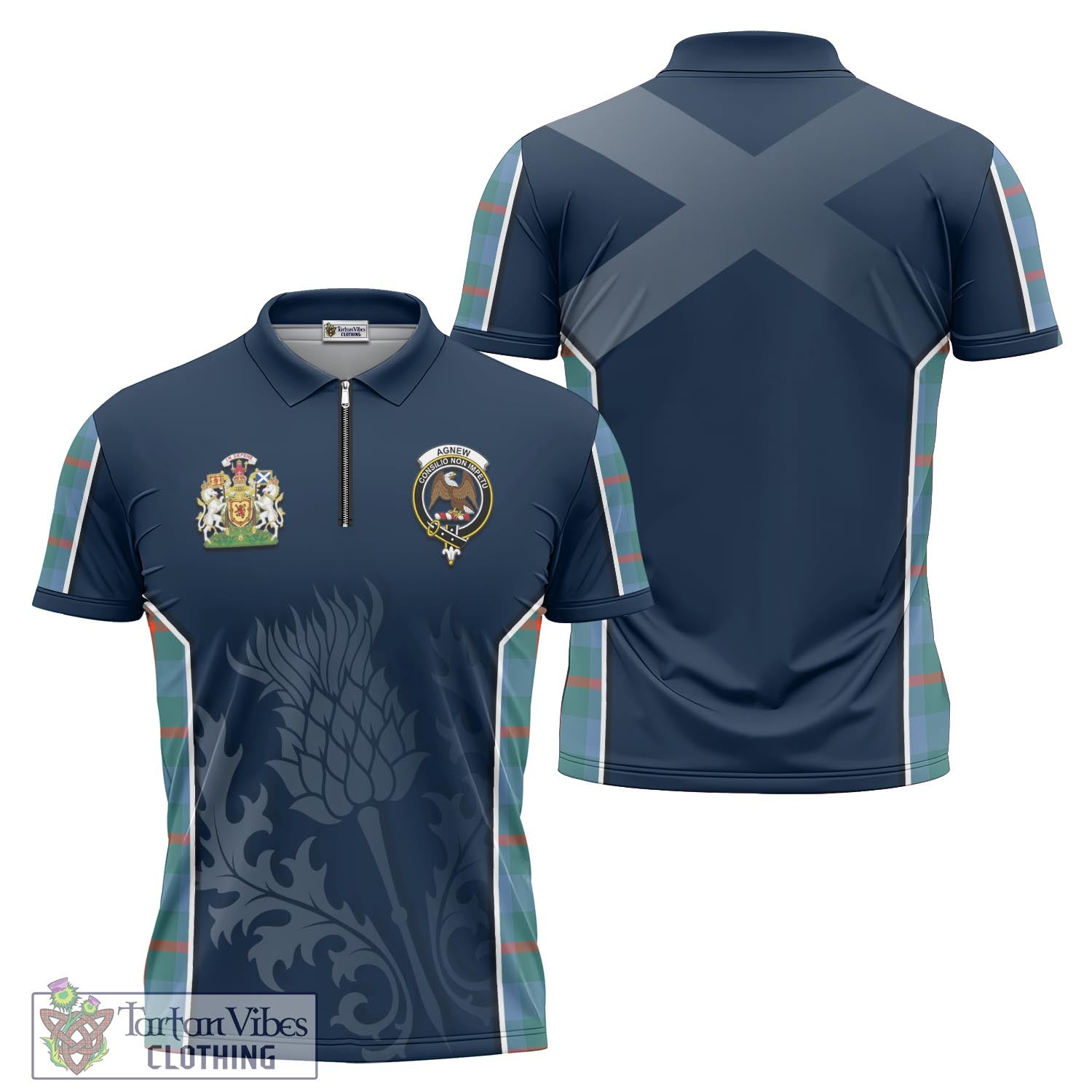 Tartan Vibes Clothing Agnew Ancient Tartan Zipper Polo Shirt with Family Crest and Scottish Thistle Vibes Sport Style