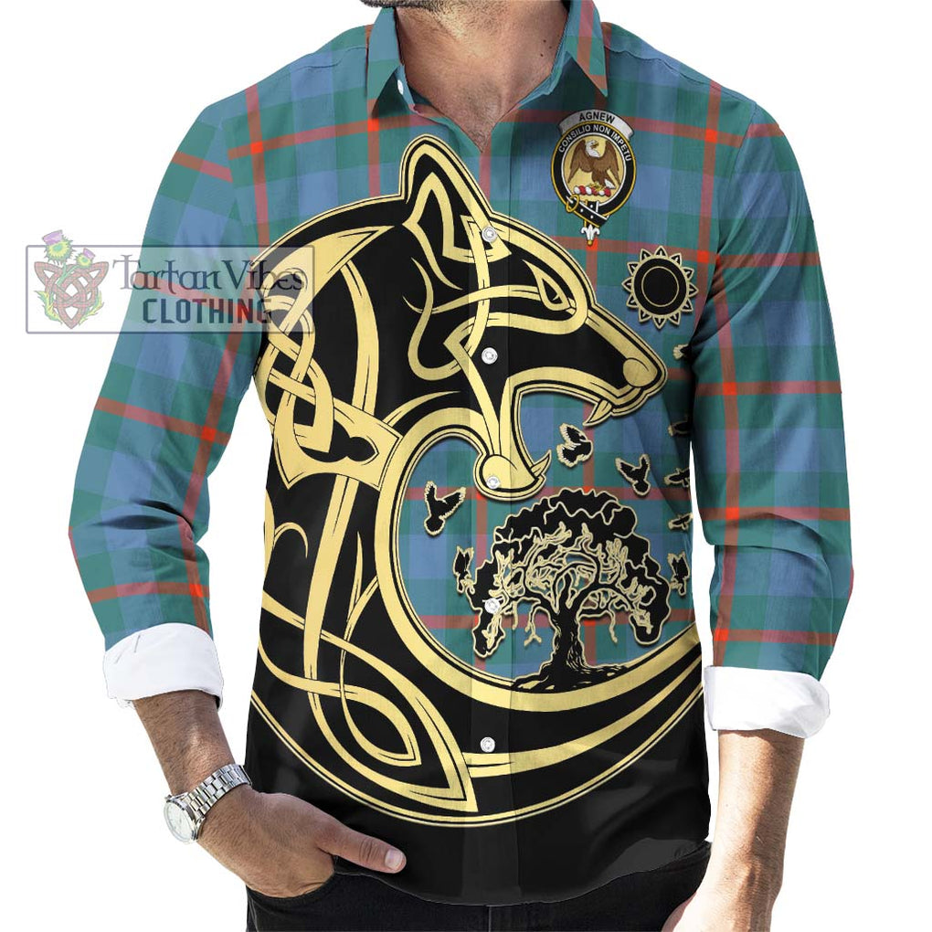 Agnew Ancient Tartan Long Sleeve Button Shirt with Family Crest Celtic Wolf Style - Tartan Vibes Clothing