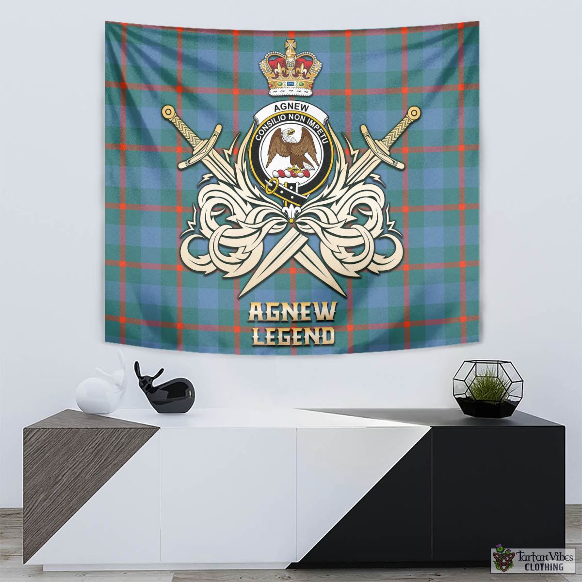 Tartan Vibes Clothing Agnew Ancient Tartan Tapestry with Clan Crest and the Golden Sword of Courageous Legacy