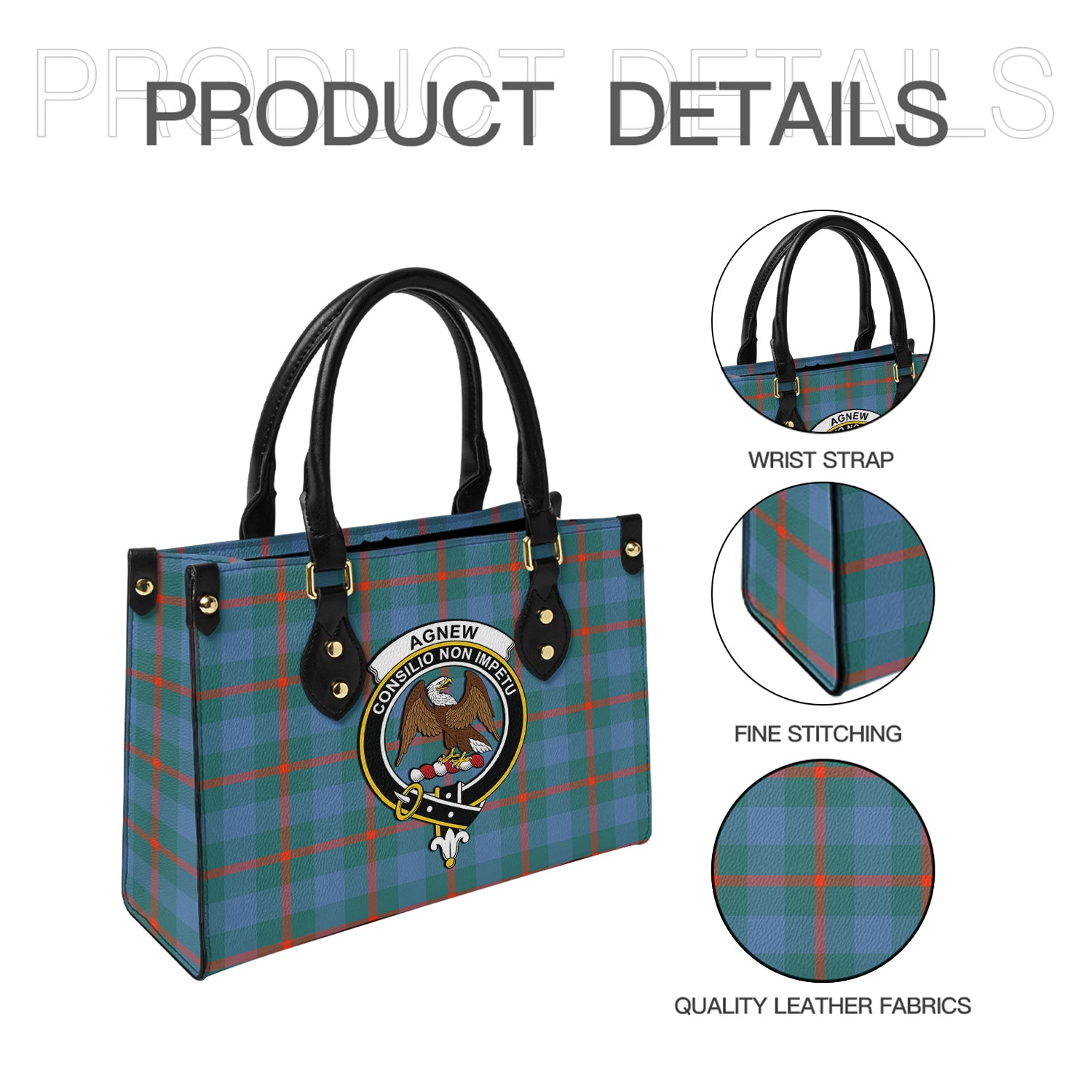 Agnew Ancient Tartan Leather Bag with Family Crest - Tartanvibesclothing