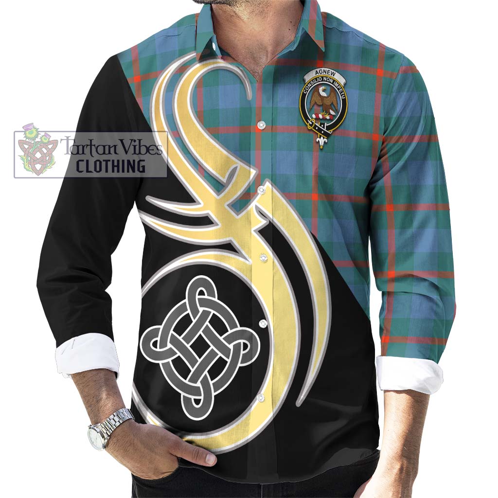 Agnew Ancient Tartan Long Sleeve Button Shirt with Family Crest and Celtic Symbol Style - Tartan Vibes Clothing