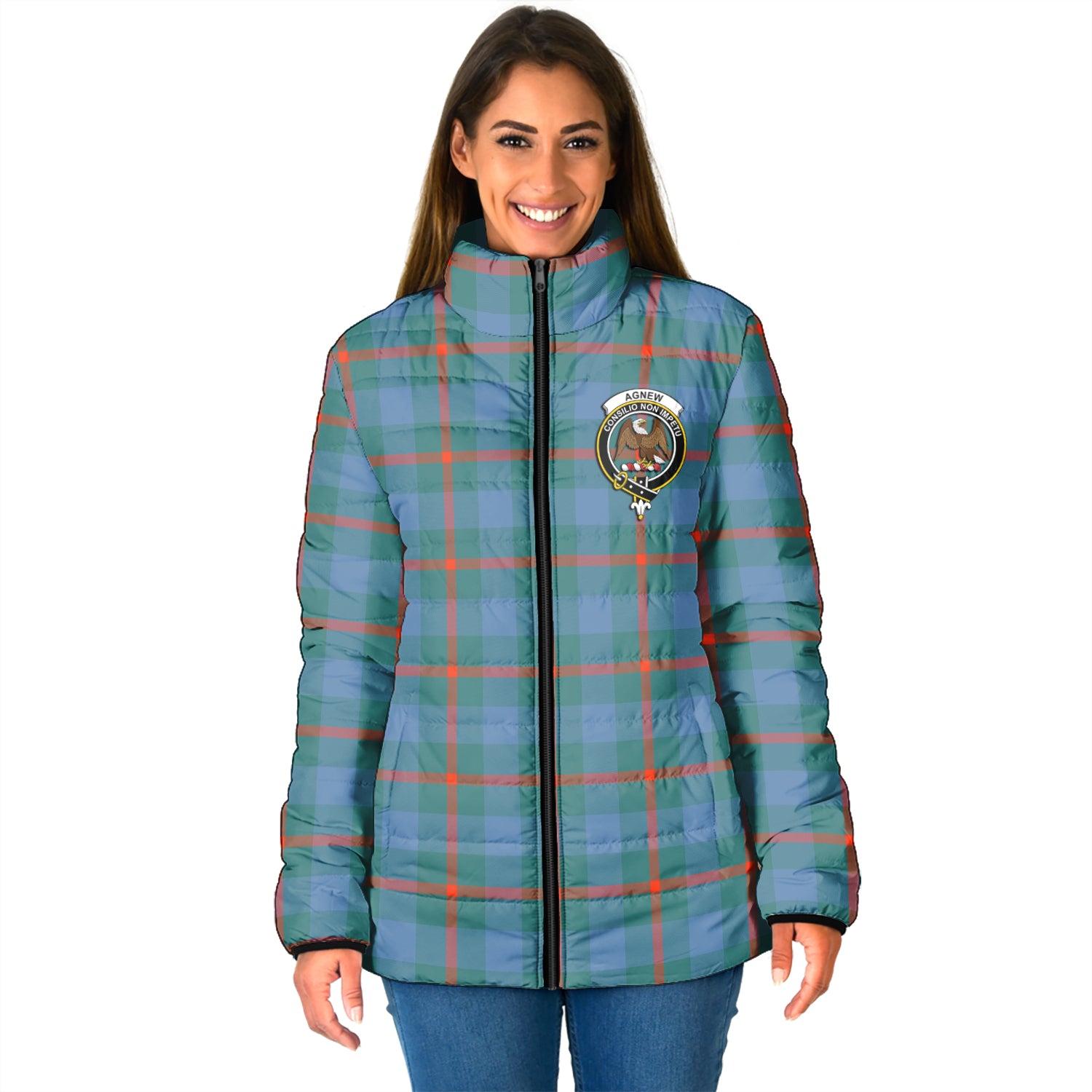 Agnew Ancient Tartan Padded Jacket with Family Crest - Tartan Vibes Clothing