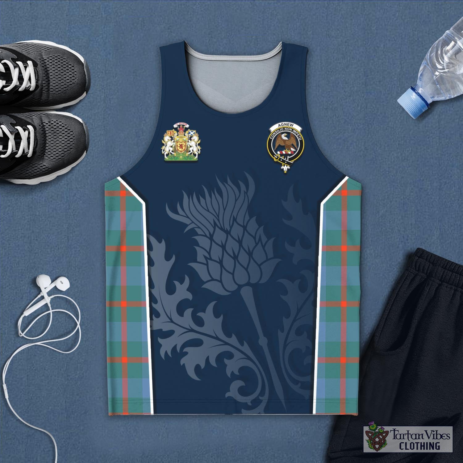 Tartan Vibes Clothing Agnew Ancient Tartan Men's Tanks Top with Family Crest and Scottish Thistle Vibes Sport Style