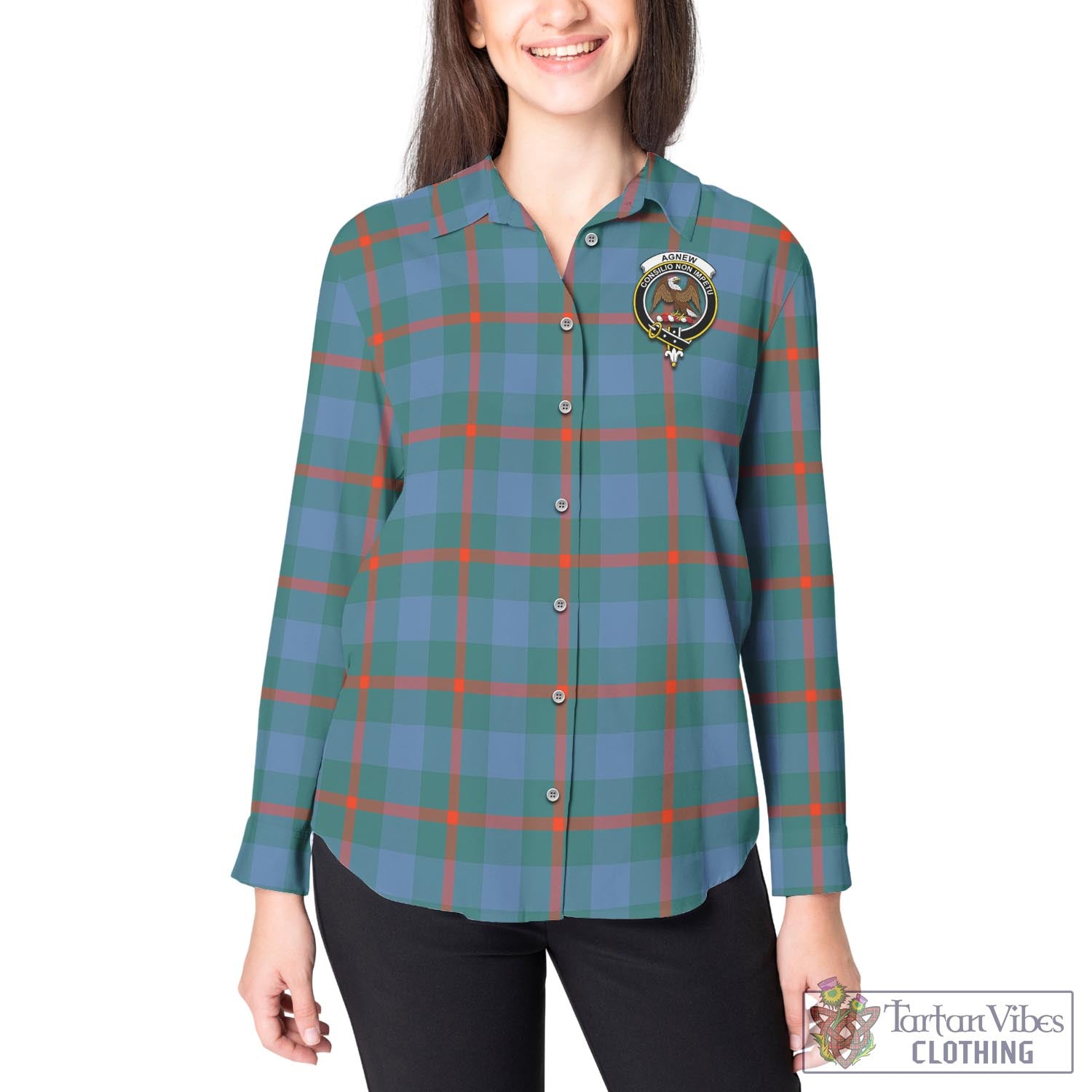 Tartan Vibes Clothing Agnew Ancient Tartan Womens Casual Shirt with Family Crest