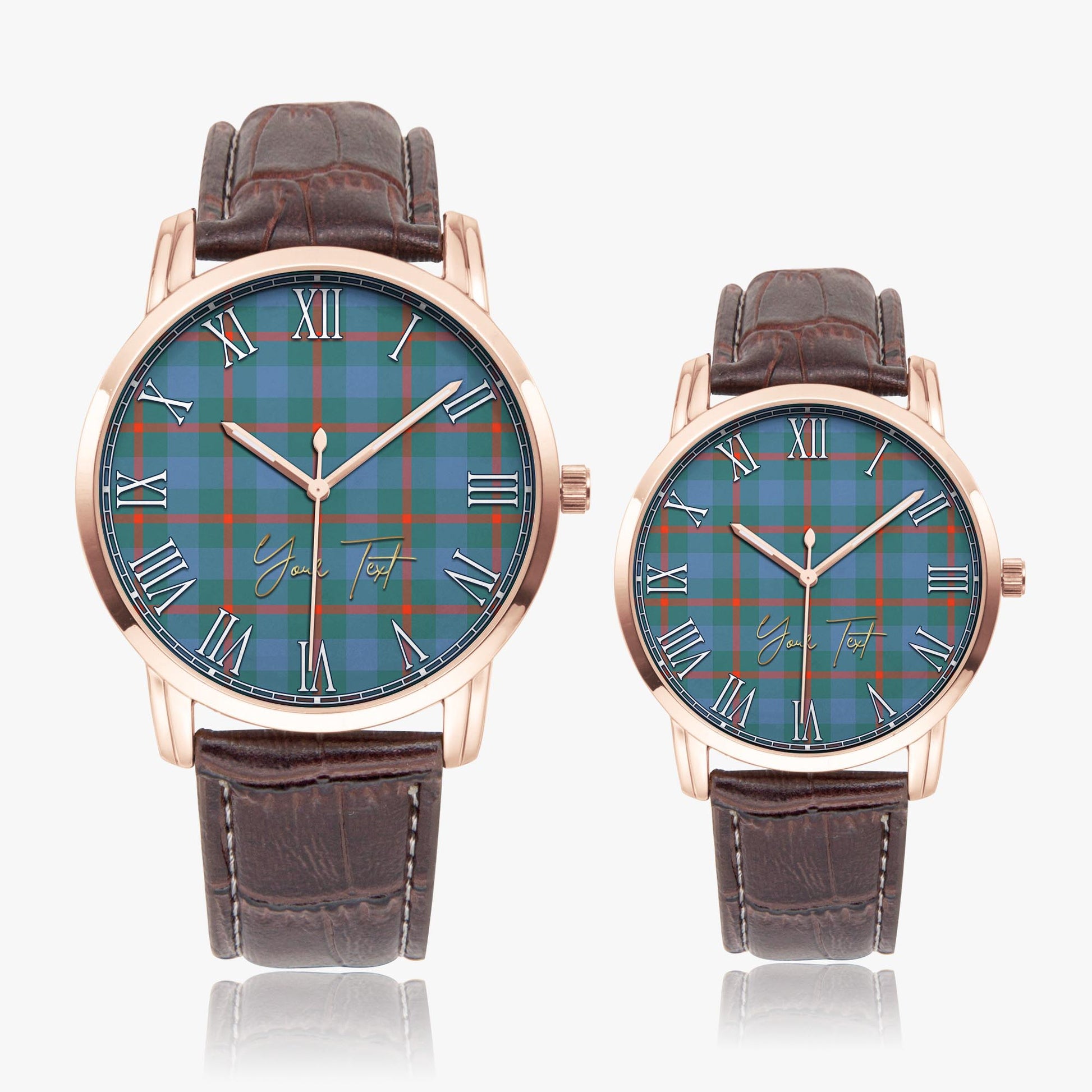 Agnew Ancient Tartan Personalized Your Text Leather Trap Quartz Watch Wide Type Rose Gold Case With Brown Leather Strap - Tartanvibesclothing