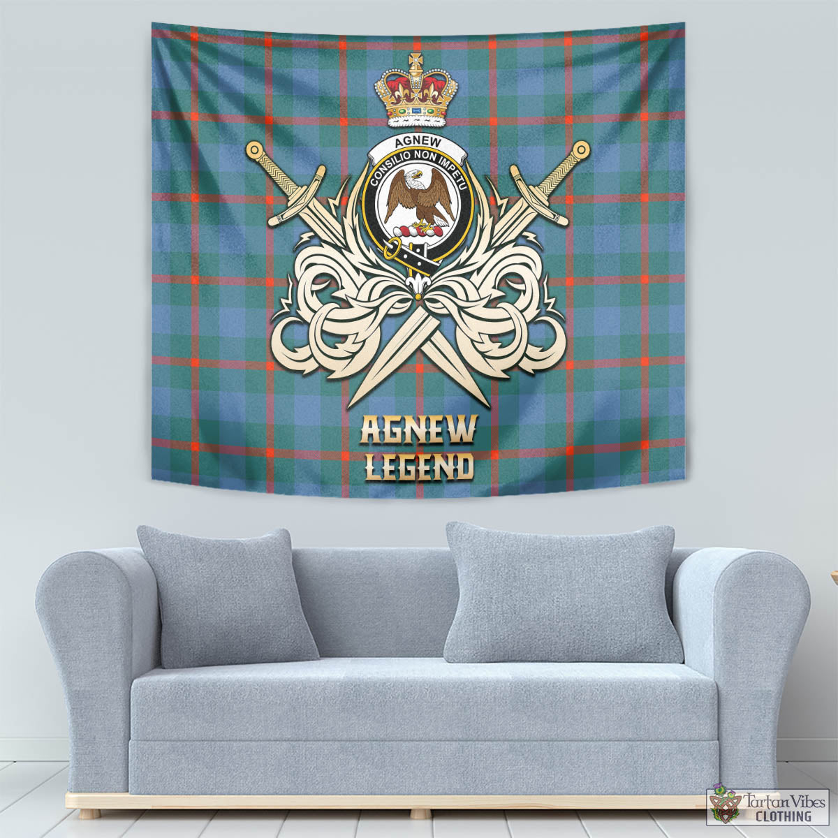 Tartan Vibes Clothing Agnew Ancient Tartan Tapestry with Clan Crest and the Golden Sword of Courageous Legacy