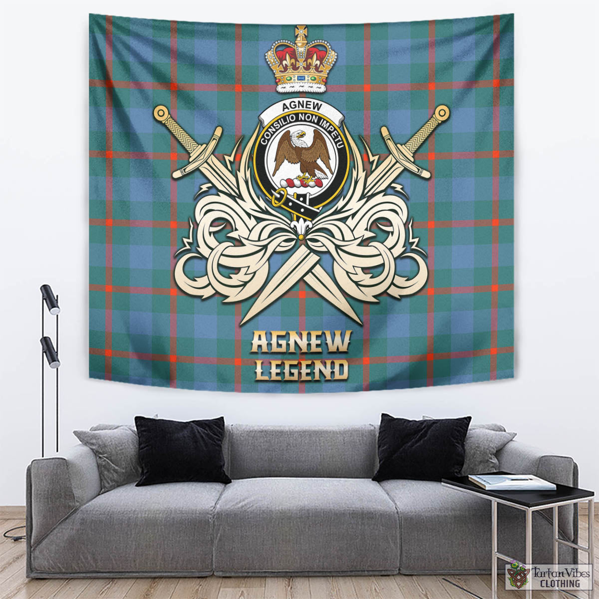 Tartan Vibes Clothing Agnew Ancient Tartan Tapestry with Clan Crest and the Golden Sword of Courageous Legacy