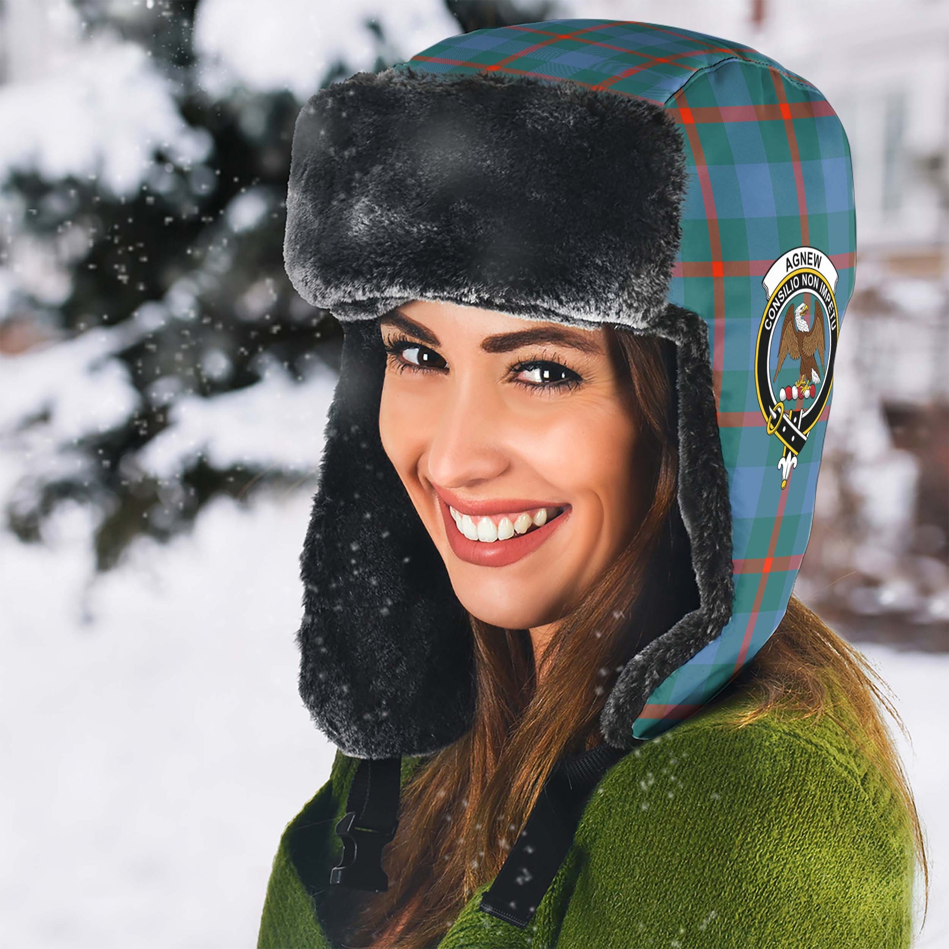 Agnew Ancient Tartan Winter Trapper Hat with Family Crest - Tartanvibesclothing