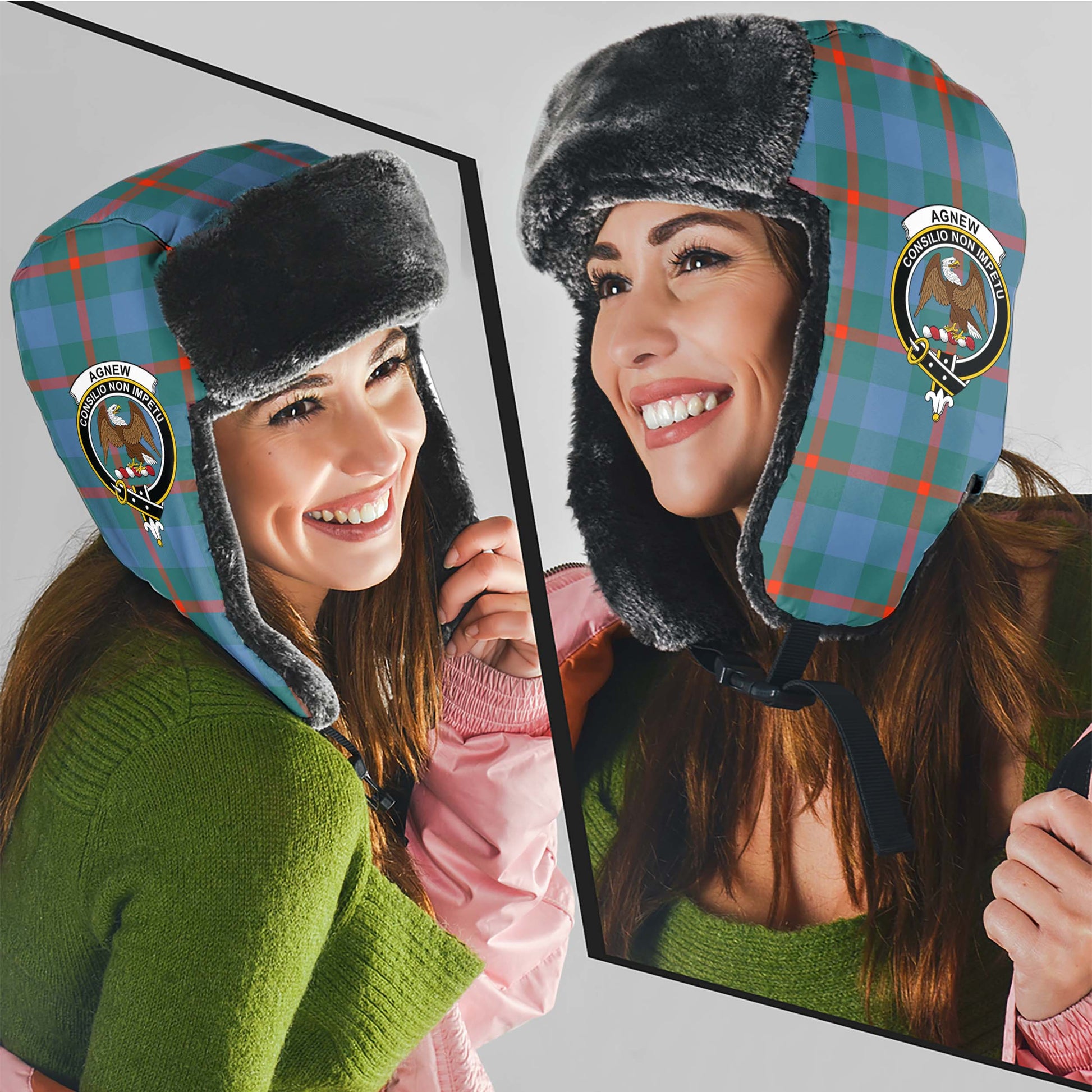 Agnew Ancient Tartan Winter Trapper Hat with Family Crest - Tartanvibesclothing