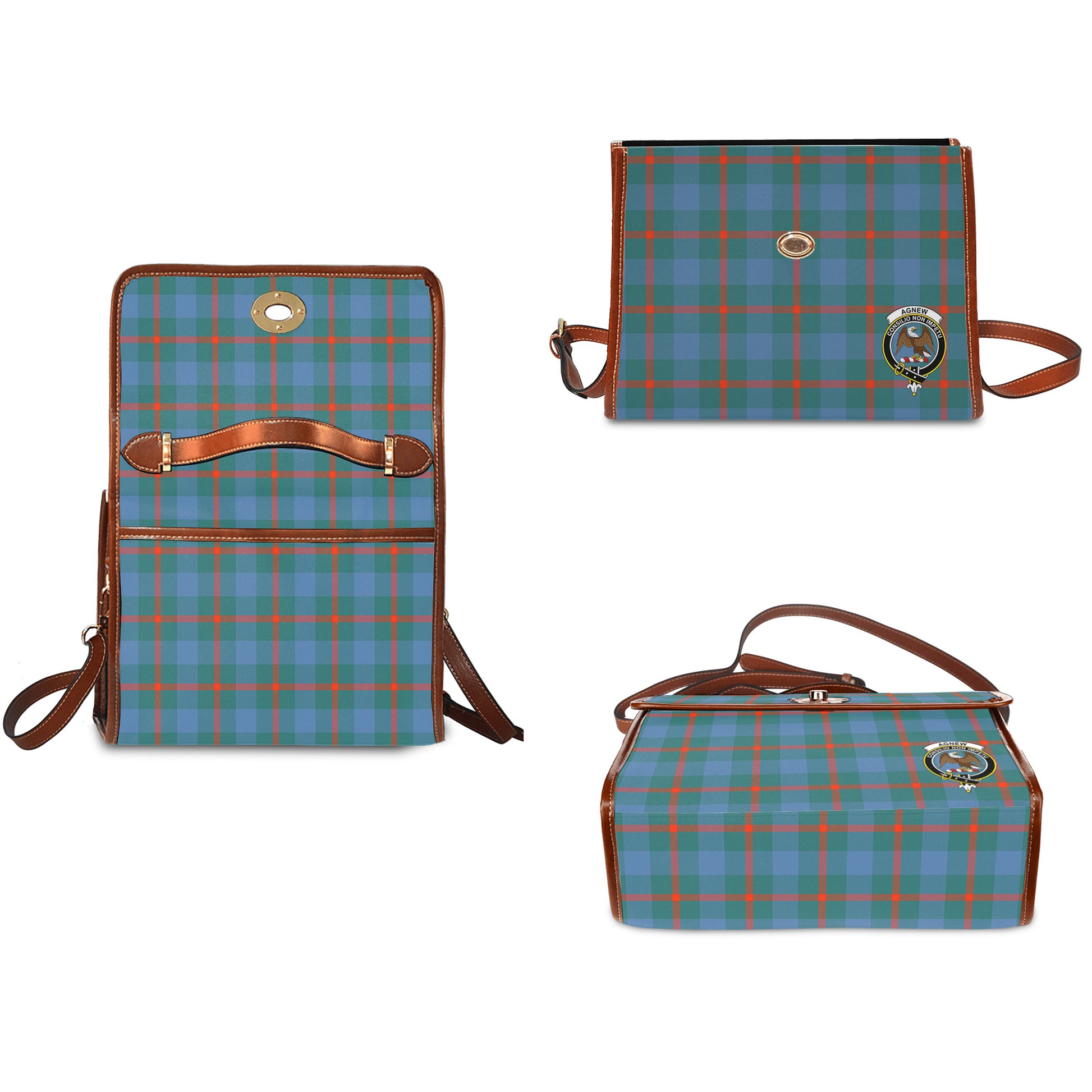 Agnew Ancient Tartan Leather Strap Waterproof Canvas Bag with Family Crest - Tartanvibesclothing